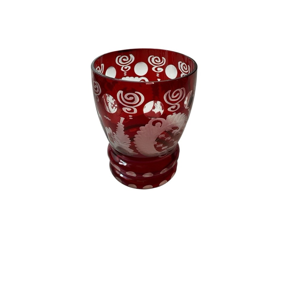 VINTAGE CZECH BOHEMIAN EGERMANN RED‎ CUT TO CLEAR SHOT GLASSES 3"